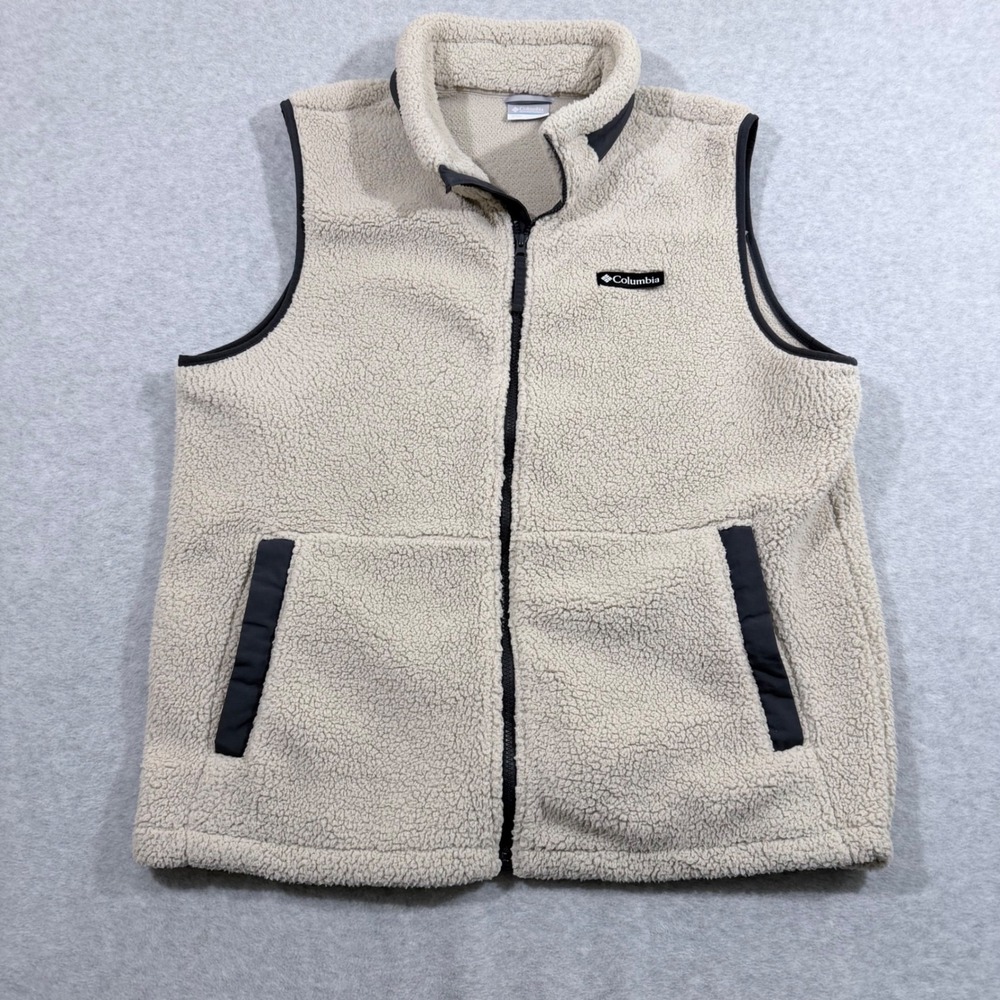 Columbia Sherpa Fleece Vest Mens XL Cream Beige Full Zip Mock Neck XO1730